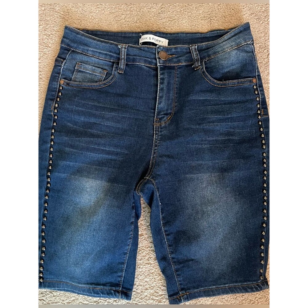 Oak & Poppy High-Rise Dark Blue Stud-Trim Women’s Jean Shorts | Size 4
